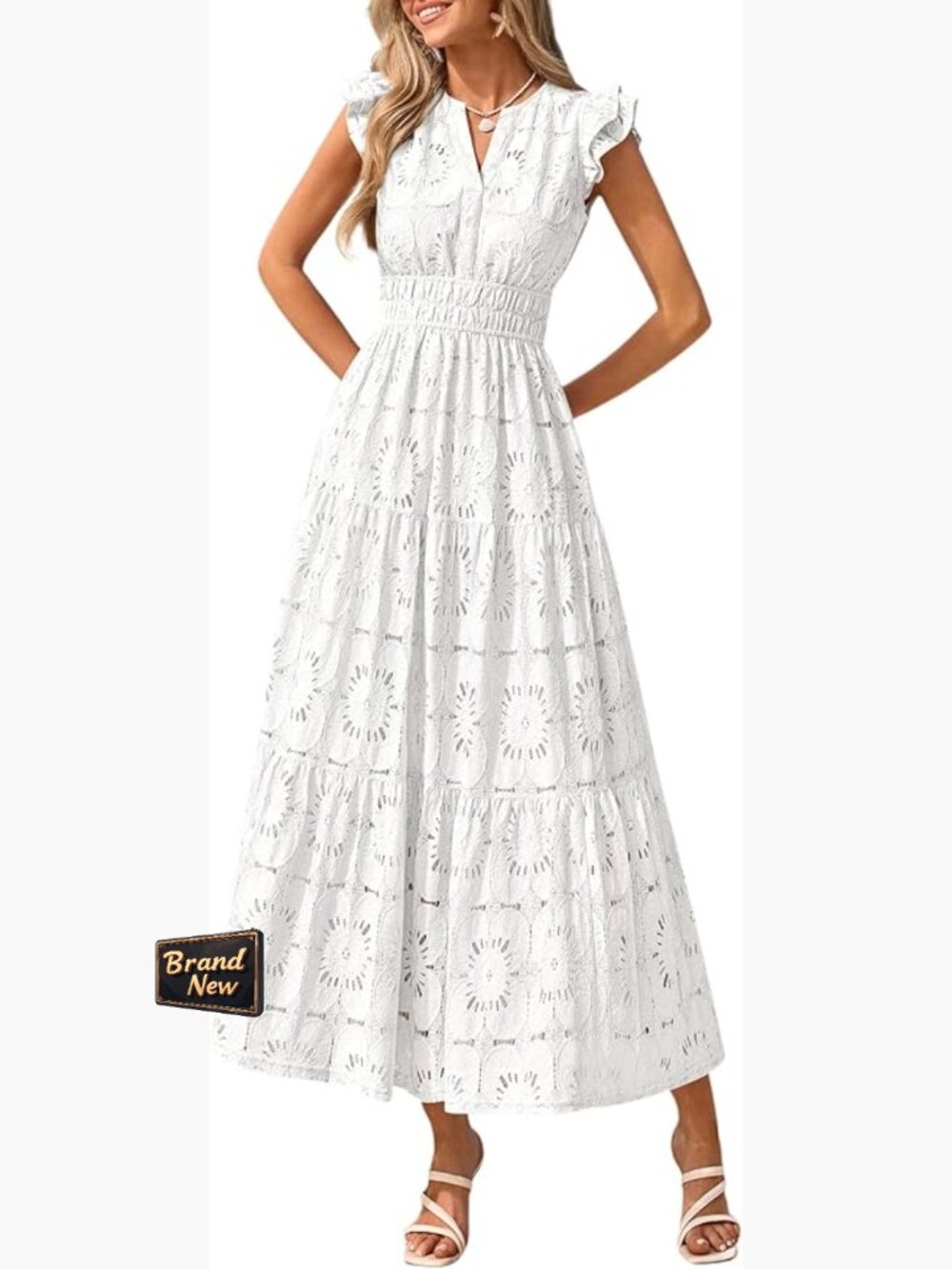 Boho Eyelet Maxi Dress Women's Flutter Sleeve V-Neck